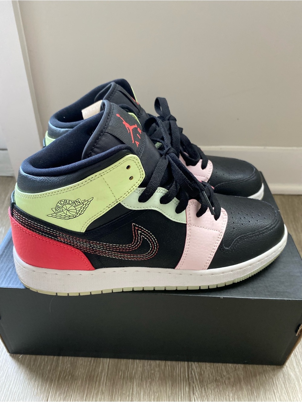 Nike Kids' Mid-Top Sneakers in Black with Pink & Neon Green Accents